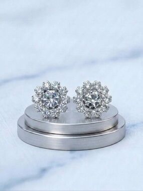 Vintage 90s Swarovski Brilliant Clear Crystal Floral Studs 14mm Silver Overlay